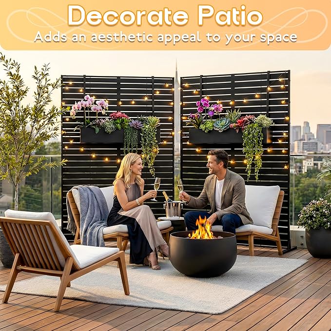 MTART Metal Privacy Screen 72" H x 47.2" Decorative Outdoor Privacy Screen Privacy Panel with Stand for Balcony Deck Patio Lawn Garden, Privacy Fence (Black-Louvered)
