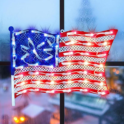 LAMPHOME 14Inch Patriotic Lighted Window Decoration,American Pride USA Flag Lighted Window Hanging - Outdoor Lighted Stars and Stripes Decoration for Home or Office
