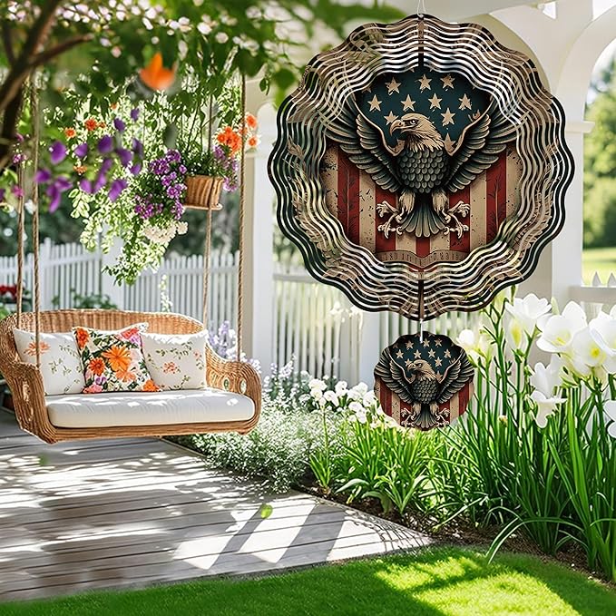 Wind Spinner Hanging Outdoor Decor, 12 Inch 3D Bald Eagle American Flag Metal Kinetic Wind Spinners for Garden Yard Patio, Stainless Steel Laser Cut Art Gifts for Men Veterans Day Outdoor Decorations