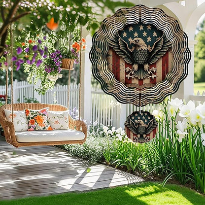 Wind Spinner Hanging Outdoor Decor, 12 Inch 3D Bald Eagle American Flag Metal Kinetic Wind Spinners for Garden Yard Patio, Stainless Steel Laser Cut Art Gifts for Men Veterans Day Outdoor Decorations