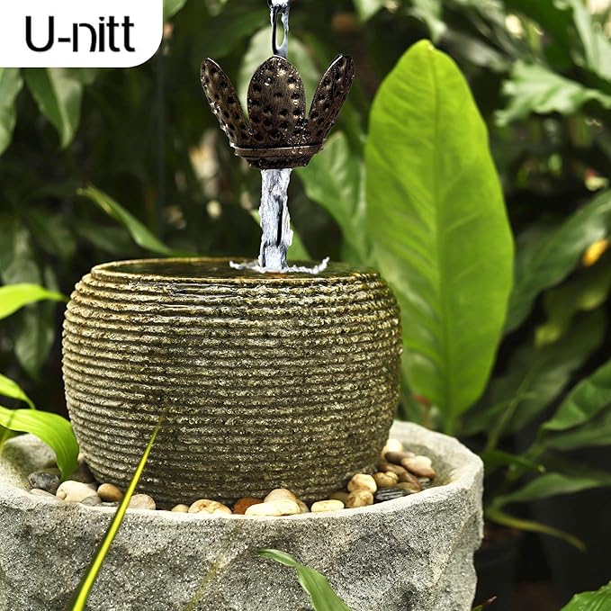 U-nitt Rain Chain Water Collection for Gutters Rainwater Catcher & Diverter, 8.5 FT Chains for Outside Garden, Copper Lily Cups, Roof Downspout, Works with Heavy Rain, w/Gutter Clip for Rainchains