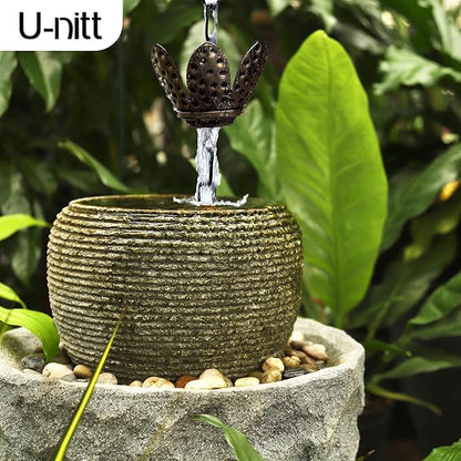U-nitt Rain Chain Water Collection for Gutters Rainwater Catcher & Diverter, 8.5 FT Chains for Outside Garden, Copper Lily Cups, Roof Downspout, Works with Heavy Rain, w/Gutter Clip for Rainchains