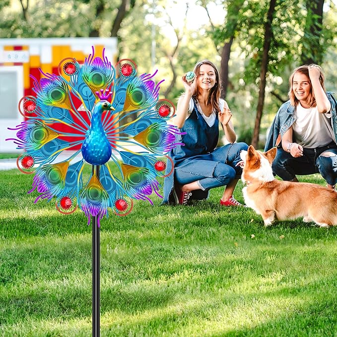 Metal Wind Spinners Outdoor for Garden Yard, 59" Kinetic Large Peacock Wind Spinner & Sculptures with Stable Metal Stake, Garden Windmill for Yard Lawn Patio Art Decor (Colorful)