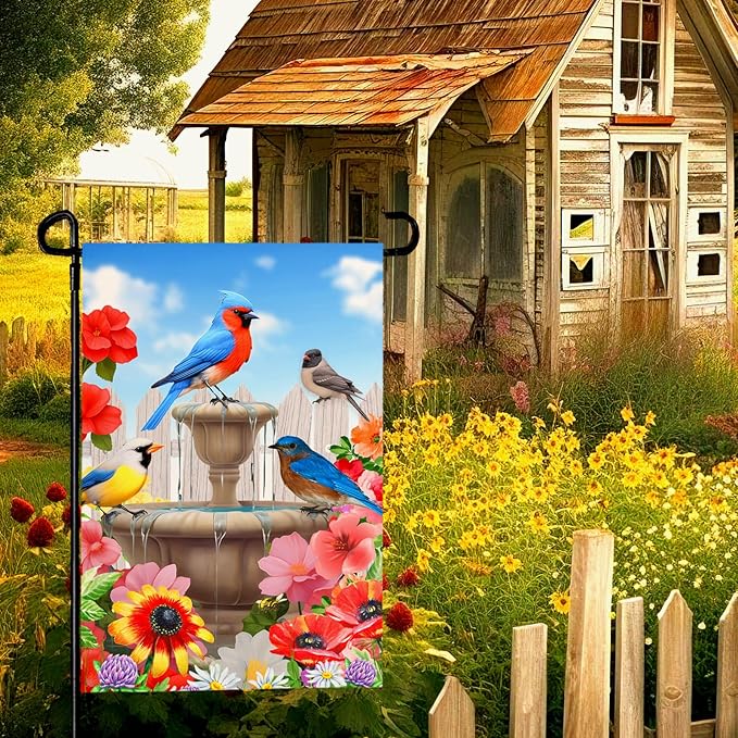 Summer Birdbath Gathering Garden Flag Birds Floral Yard Flag Double Side Polyester Colorful Flowers Garden Flags 12x18 Inch for Outdoor House Banner Decoration