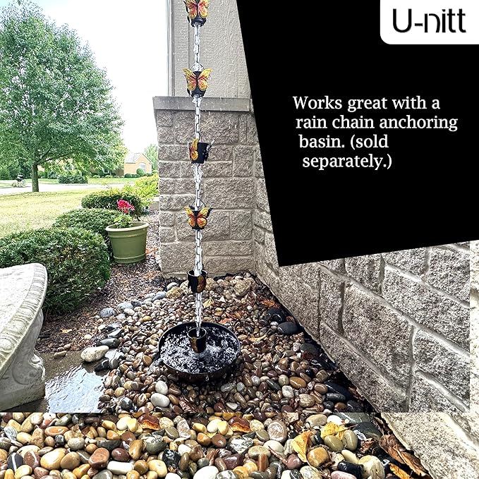 Rain Chain Water Collection for Gutters, Rainwater Catcher & Diverter, 8.5 FT Chains for Outside Garden, Butterfly Bucket Cups, Roof Downspout, Works with Heavy Rain, w/ Gutter Clip for Rainchains
