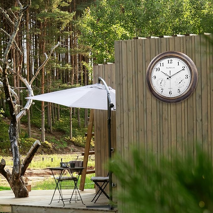 Outdoor Clock 18 Inch, Large Outdoor Clocks Waterproof Weatherproof with Thermometer & Hygrometer Combo, Easy-to-Read Outside Wall Clock for Patio, Garden, Poolside, Backyard, Seniors & Families