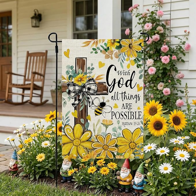 CROWNED BEAUTY Summer Garden Flag Floral Cross God 12x18 Inch Double Sided Small Yellow Seasonal Holiday Decoration for Outside Yard