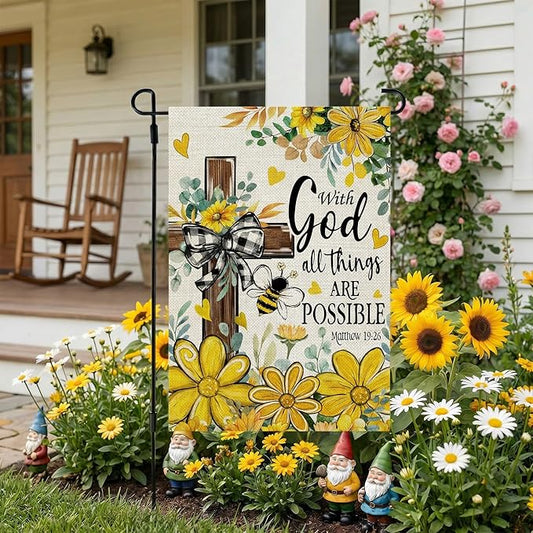 CROWNED BEAUTY Summer Garden Flag Floral Cross God 12x18 Inch Double Sided Small Yellow Seasonal Holiday Decoration for Outside Yard