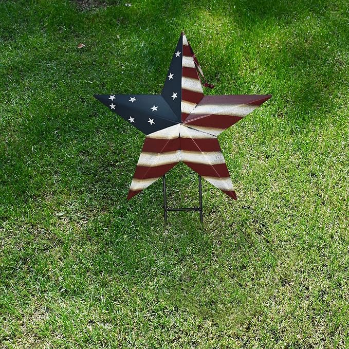 Linfevisi American Flag Star Yard Signs 17.3 Inch 2 Pack of Metal Patriotic Barn Stars Garden Stakes US Flag Outdoor 4th of July Decorations Memorial Day Yard Art Lawn Ornaments Patio for Outside