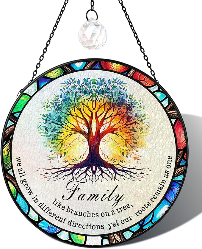 Tree of Life Stained Glass Window Hanging Family Tree Suncatcher for Door Home Decor Desk Decorations Gifts for Women (Glass-Family Branches, 7.8x7.8 in)