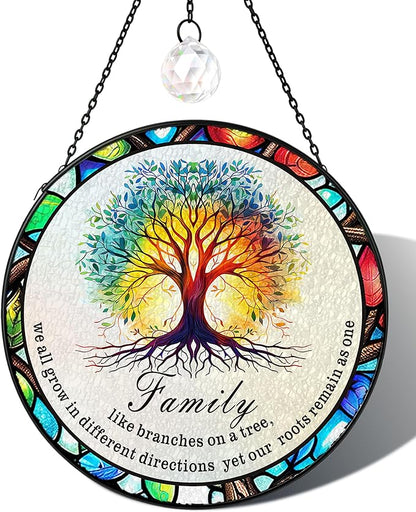 Tree of Life Stained Glass Window Hanging Family Tree Suncatcher for Door Home Decor Desk Decorations Gifts for Women (Glass-Family Branches, 7.8x7.8 in)