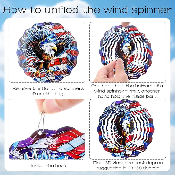 American Eagle Wind Chimes - Metal Flag Windchime with 3D Wind Spinners Indoor Outdoor Art Hanging for Garden Patio Lawn Yard Balcony Home 250 Anniversary Patriotic Decor Gift for Friends
