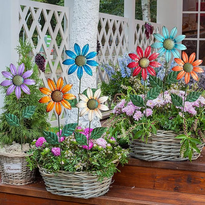 HUTHDAK Metal Flowers for Outside,8 Pack 16.15" Decorative Garden Stakes with Swaying Flowers Head Yard Art,Spring Garden Decor for Lawn, Pathway & Garden