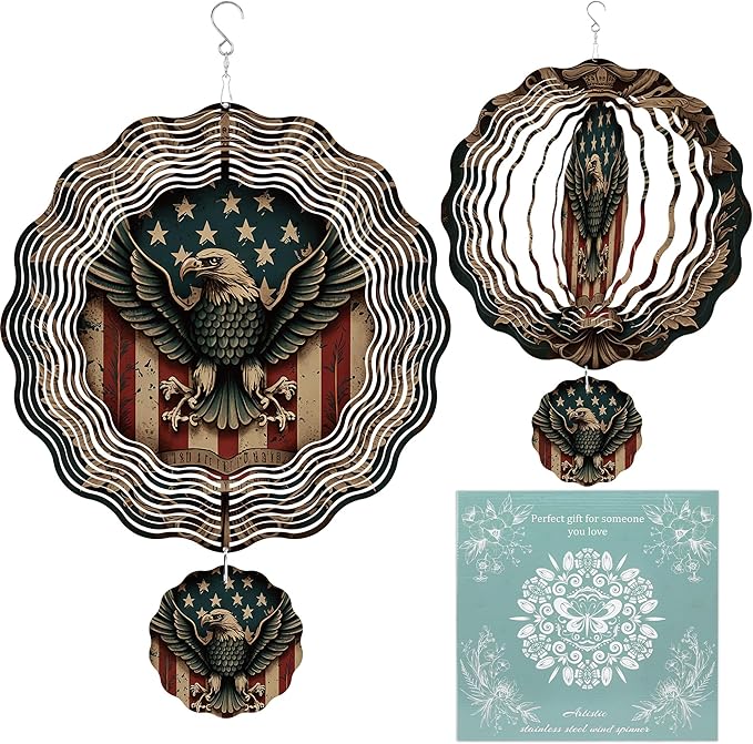 Wind Spinner Hanging Outdoor Decor, 12 Inch 3D Bald Eagle American Flag Metal Kinetic Wind Spinners for Garden Yard Patio, Stainless Steel Laser Cut Art Gifts for Men Veterans Day Outdoor Decorations