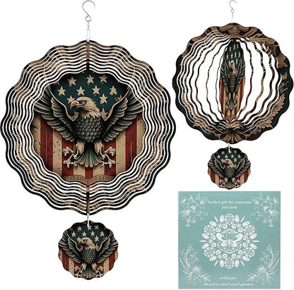 Wind Spinner Hanging Outdoor Decor, 12 Inch 3D Bald Eagle American Flag Metal Kinetic Wind Spinners for Garden Yard Patio, Stainless Steel Laser Cut Art Gifts for Men Veterans Day Outdoor Decorations