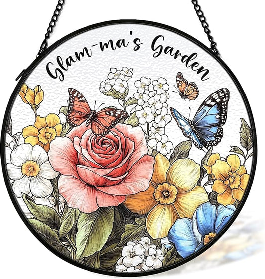 Glamma Mothers Day Christmas Birthday Gifts Suncatcher Stained Glass Window from Grandkids for Grandma, Glam-ma Gift Stained Glass Wall Decor, Glamma's Garden Catchers Indoor Window,7.9x7.9In