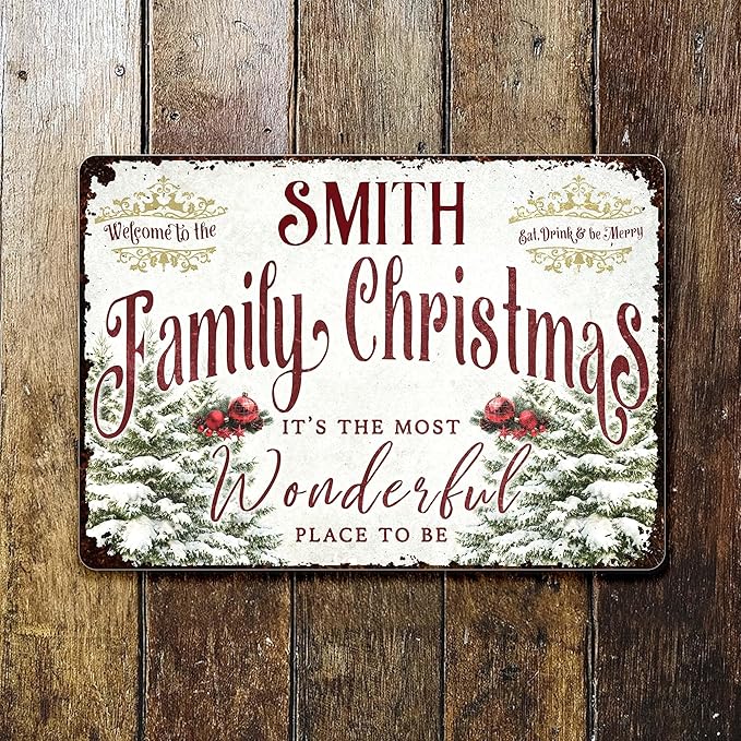 Welcome to The Family Christmas Metal Sign, Personalized Family Metal Sign, Customized Christmas Garden Signs for Families, Families Outdoor Signs on Xmas, Holiday Xmas Gifts