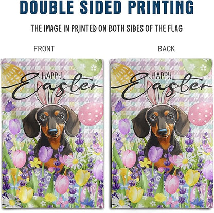 Happy Easter Dog Garden Flag Dachshund Spring Flags Buffalo Plaid Bunny Eggs Yard Flag for Outside 12x18 Double Sided Small Decorative Floral Outdoor Flag