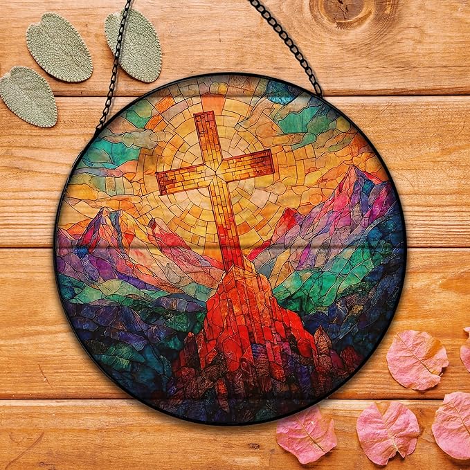 Christian Cross Suncatcher Stained Glass Window Hanging, Christian Sunset Landscape Sun Catchers Indoor Window Glass Round Wall Decor, Religious Cross Wall Art Hanging Decorations, ＂7.8x7.8＂