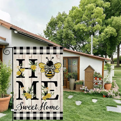ORTIGIA Home Sweet Home Bee Garden Flag Double Sided 12.5x18 Inch, Spring Summer Yellow Flower Buffalo Plaid Check Small Yard Flag Burlap Farmhouse Rustic Outside Outdoor Lawn Patio Decor