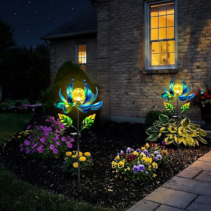 Solar Wind Spinner Outdoor Metal - Kinetic Lotus Flower Garden Sculptures & Spinners with Crackle Glass Lighting, 360° Spinning Yard Art Decor for Patio, Lawn, Pathway, Gifts for Women
