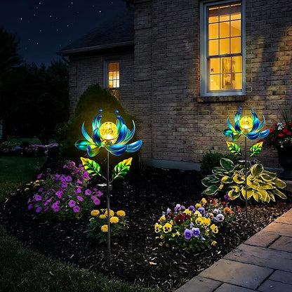 Solar Wind Spinner Outdoor Metal - Kinetic Lotus Flower Garden Sculptures & Spinners with Crackle Glass Lighting, 360° Spinning Yard Art Decor for Patio, Lawn, Pathway, Gifts for Women
