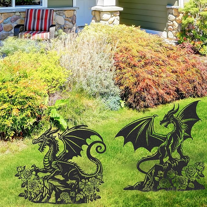 Dragon Decor Garden Stakes - 2 Pcs Metal Yard Art Statues Waterproof Outside Dragons Silhouette Decoration Patio Lawn Backyard Walkway Sign Christmas New Year Birthday Gifts for Women Mom