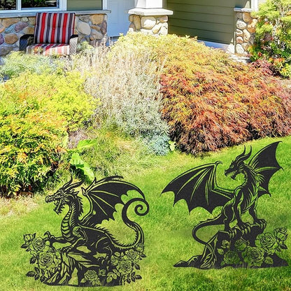Dragon Decor Garden Stakes - 2 Pcs Metal Yard Art Statues Waterproof Outside Dragons Silhouette Decoration Patio Lawn Backyard Walkway Sign Christmas New Year Birthday Gifts for Women Mom