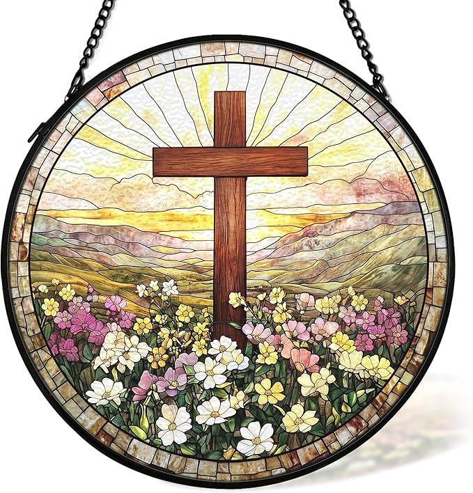 Christian Suncatcher Stained Glass Cross Window Hanging Wall Decor, Christmas Religious Gifts for Women, Easter Religious Baptism Floral Garden Lawn Sun Catchers for Window Hanging Art, 7.9x7.9