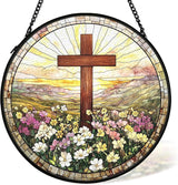 Christian Suncatcher Stained Glass Cross Window Hanging Wall Decor, Christmas Religious Gifts for Women, Easter Religious Baptism Floral Garden Lawn Sun Catchers for Window Hanging Art, 7.9x7.9