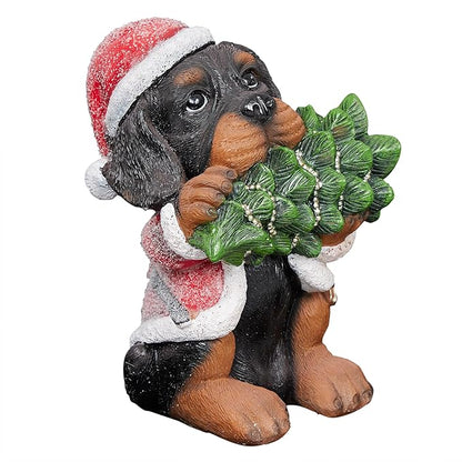 Alpine Corporation 12" Tall Puppy Christmas Statue with Santa Coat and Pine Tree, Weather-Resistant Resin Figurine, Indoor/Outdoor Holiday Decoration for Porch or Entryway
