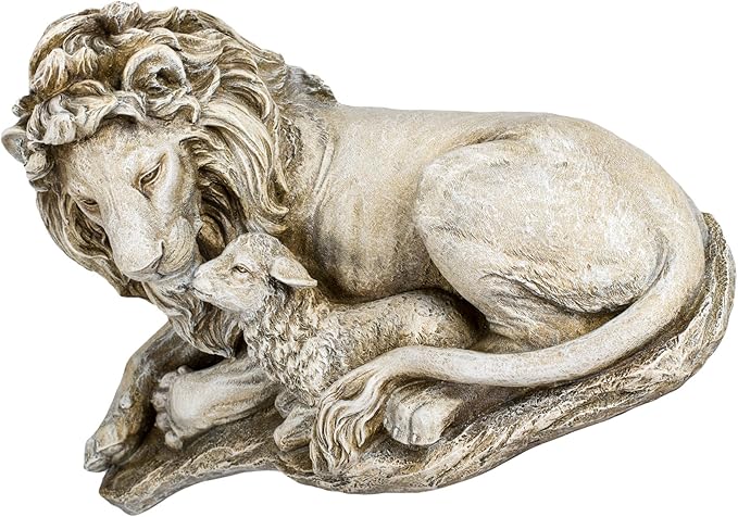 Joseph's Studio Lion and Lamb Garden Statue – 12.5" Religious Outdoor Décor – Peaceful Resin Sculpture for Yard, Patio, or Memorial Display