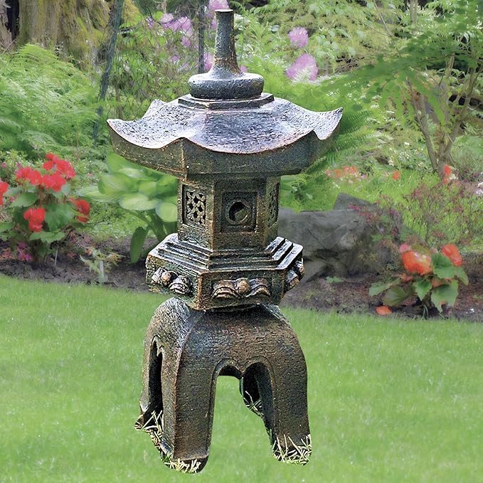 Bellaa 24429 Pagoda Stupa Zen Garden Decor Lawn Ornament Nara Japanese Style Asian Temple Lighthouse Oriental Lantern Toro Outdoor Statue Polyresin Brown 17 Inch
