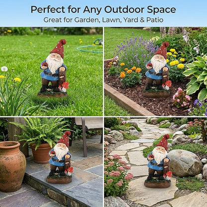 Topadorn Garden Gnome Statue LED Light Solar Energy Gnome Figurine with Ladybug on Hand Mushroom for House, Lawn Decor 11 Inch