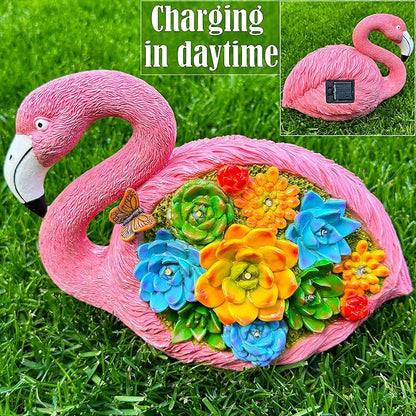 Mood Lab Garden Decor Flamingo Statue - 9 Inch Width Solar Figurine - 8 LED Solar Lights in Succulent Flowers - Yard Patio Lawn Indoor Outdoor Decoration