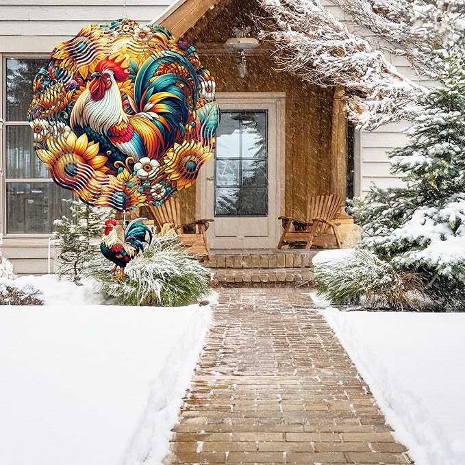 Rooster Wind Spinners, Chicken Gifts for Women Mom Grandma Wife, 12 inch 3D Stainless Steel Hanging Wind Spinners Outdoor for Garden Decorations, Christmas Thanksgiving Birthday Ornament Gifts
