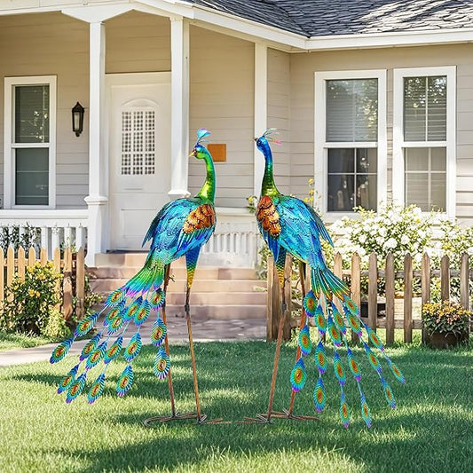 32" Tall Metal Peacock Garden Statue, Handmade Oversized Couple Peacock Sculptures with Anchor Ground Stakes, Iron Ornament Yard Art Decor for Garden, Patio, Entryway Porch, or Home Space.