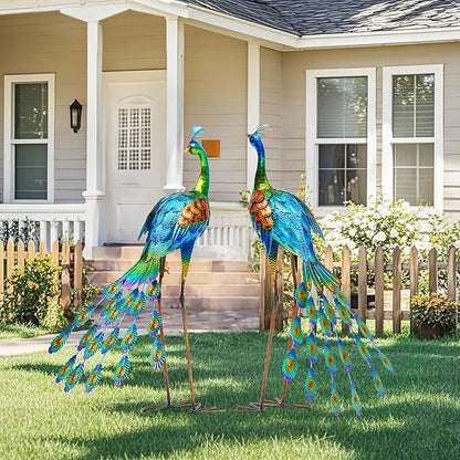 32" Oversized Peacock Decor Set of 2, Hand-Painted Metal Yard Art, Weatherproof Outdoor Garden Statues & Sculptures for Lawn, Flower Beds, Patio, Backyard or Indoor Kitchen & Home Decor