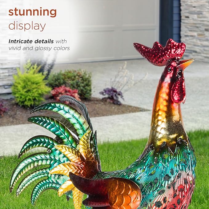 Alpine Corporation 16" Tall Outdoor Metal Standing Rooster Statue with Vibrant Design, Garden Decor, Metallic Red