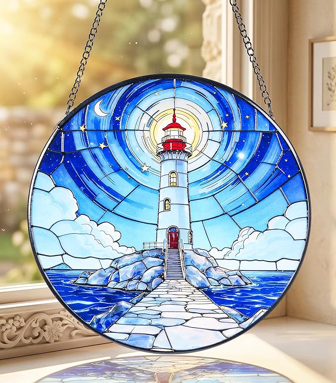 Stained Glass Window Hanging Suncatchers with American White a Serene Lighthouse 12.6", Vibrant Glass Panel with Metal Chain for Home Decor Gift for Women Mother's Day, Birthday, Men, and Mom