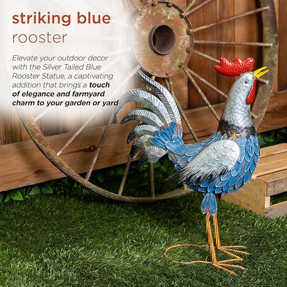 Alpine Corporation 23" Tall Outdoor Metal Silver Tail Rooster Statue with Vibrant Design, Garden Decor, Silver/Blue