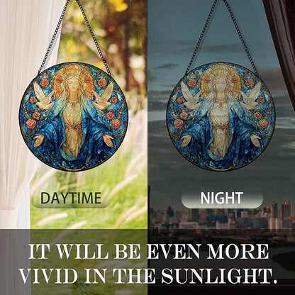 Virgin Christian Mary Suncatcher Stained Glass Window Hanging, Our Lady of Grace Sun Catchers Indoor Window Glass Round Wall Decor, Religious Flower Wall Art Hanging Decorations, ＂7.8x7.8＂