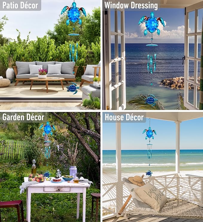 CoTa Global Blue Sea Turtle Wind Chime - Handcrafted Glass and Metal Chime - Hanging Sea Turtle Decoration for Indoor and Outdoor Spaces, Hanging Ocean Animal Windchime Decor Gift - 35 Inches