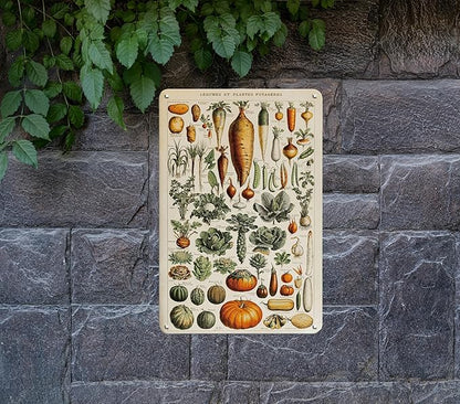 Vintage French Vegetables and Herb Garden Plants Metal Tin Yard Sign - Outdoor Plant Art Decor for Backyards, Greenhouse, Outside Patio Porch - Unique Wall Art Hanging Decor 8"x12" Gardening Gift for Women Plant Lovers