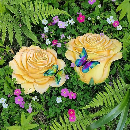 Garden Stepping Stones Outdoor Walkway – Resin Rose Flower Pavers for Path, Lawn & Backyard – Round Decorative Yard Art Decor, Friendship giveaways – Set of 2, Yellow