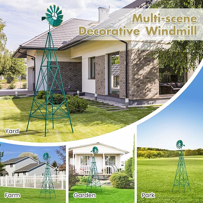DREAMADE 8ft Steel Windmill, Farmhouse Windmill Decoration with Directional Vane, 4 Anchoring Stakes & Reinforced Base, Weather-Ready Garden Spinner for Backyard, Garden, Patios, Rural Areas (Green)