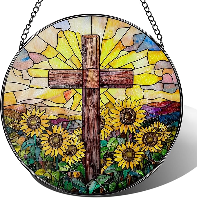 Stained Glass Suncatcher, Sunflower & Cross Sun Catcher Ornament; Stained Glass Window Hanging, Christmas Ornament, Christian Home Decor; Baptism Gift, Christian Gifts, Religious Gifts