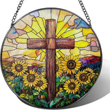 Stained Glass Suncatcher, Sunflower & Cross Sun Catcher Ornament; Stained Glass Window Hanging, Christmas Ornament, Christian Home Decor; Baptism Gift, Christian Gifts, Religious Gifts