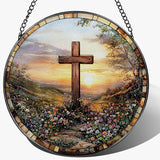 8 Inches Cross Sunset Stained Glass Suncatcher, Christmas Ornament, Window Hanging Decor, Christian Home Decor, Christian Gift, Religious Gift, Gifts for Christmas