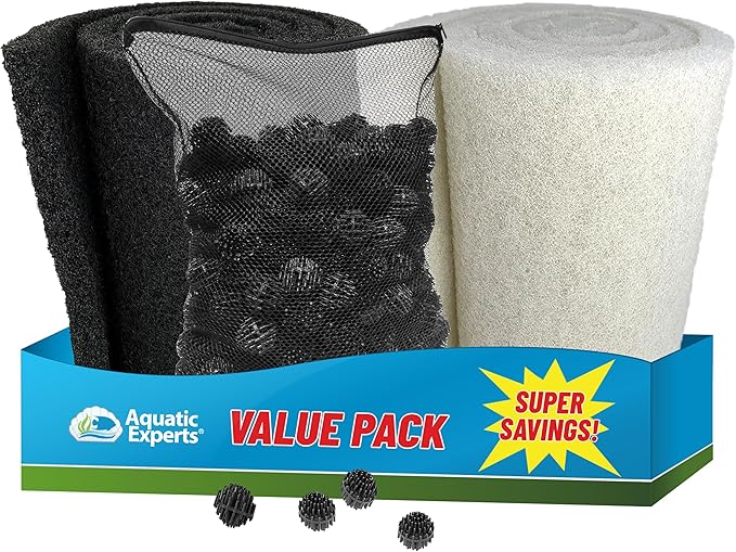 Aquatic Experts Koi Pond Filter Pad Bundle with Bio Balls – White Fine 12" x 72" + Black Coarse 12" x 72" Pads & 300 Count Bio Balls, Reusable Pond Filter Media